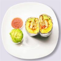 Avocado Crazy Burrito · Start your morning on the right foot with avocado, egg, tater tots, cheddar cheese, tomatoes...