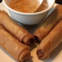 Fried Egg Rolls (4) · Ground Pork, onion, carrot taro and bean noodless wrapped in egg roll wrapper lightly fried ...