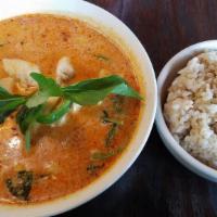 Red Curry · Spicy. Your choice of meat, bamboo shoot, bell peppers, and Thai basil leaves cooked in red ...