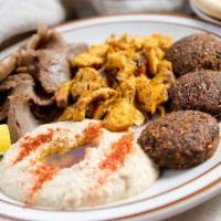 Mvp Sampler · Top sellers. Hummus, gyro, chicken shawarma, and falafel. Served with one Greek and one arab...