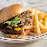 Hero Burger · Top sellers. Kefta patty topped with gyro meat, lettuce, tomatoes, caramelized onions, Ameri...