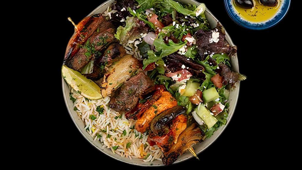 Combo Kabob Plate · Your Choice of Two Kabobs w/ Basmati Rice, Side Salad, Fresh Pita & Your Choice of Sauce.