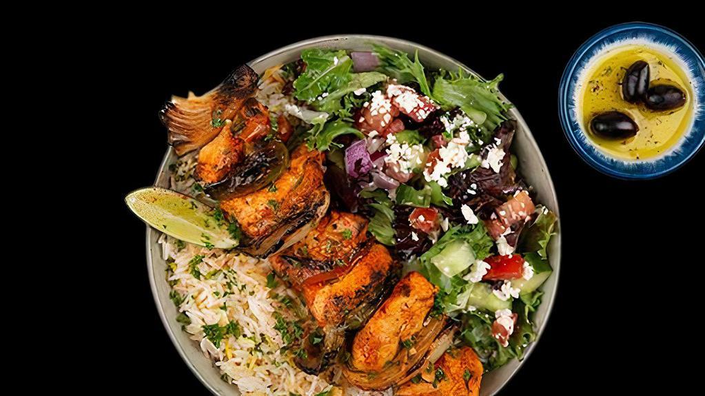 Chicken Kabob Plate · Chargrilled Cubes of Chicken Served w/ Basmati Rice, Side Salad, Fresh Pita & Your Choice of Sauce.