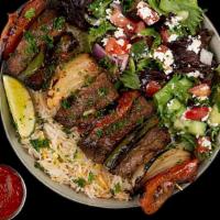 Beef Kabob Plate · Chargrilled Cubes of Beef Served w/ Basmati Rice, Side Salad, Fresh Pita & Your Choice of Sa...