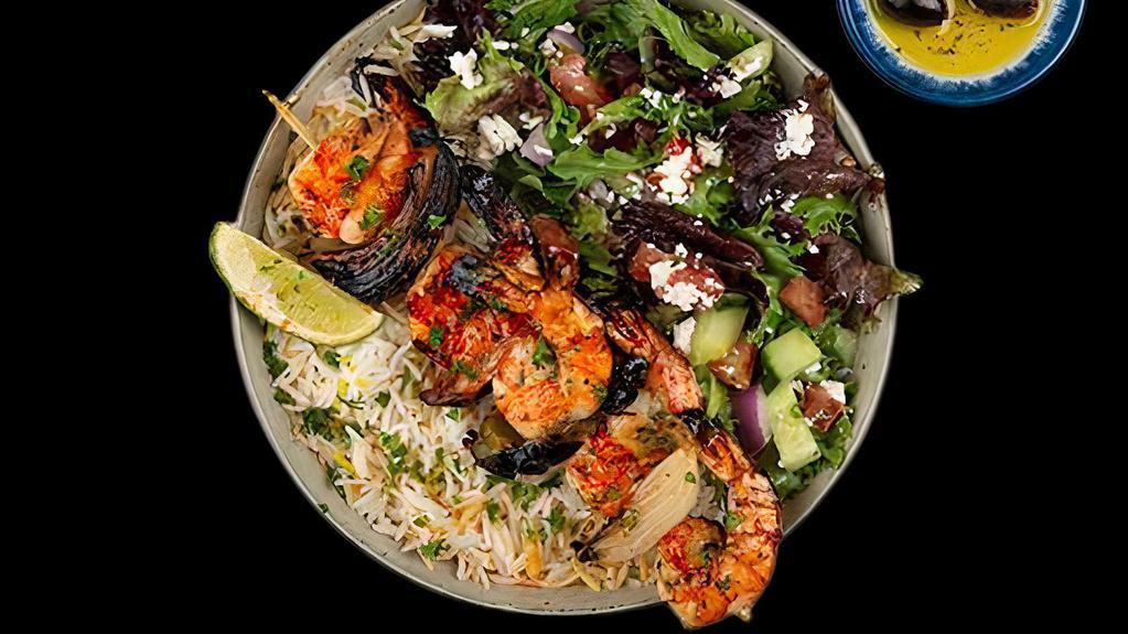 Shrimp Kabob Plate · Tender Charbroiled Shrimp Served w/ Basmati Rice, Side Salad, Fresh Pita & Your Choice of Sauce.