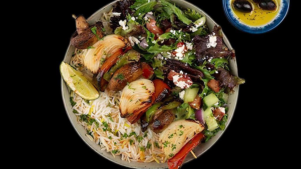 Mixed Vegetable Kabob Plate · Mixed Grilled Vegetables Served w/ Basmati Rice, Side Salad, Fresh Pita & Your Choice of Sauce.