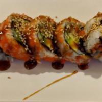 Tootsie · Fried salmon, snapper, spicy crab, cucumber and avocado, with masago and eel sauce
