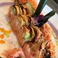 Sex On The Beach  · Shrimp tempura, spicy crab in soy paper, topped with salmon, tuna and avocado served eel sau...