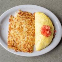 Farmer'S Favorite Omelet · All the meats! Italian sausage, ham & bacon with mushrooms, onions & cheddar topped with dic...
