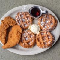 Chicken & Wafflettes · 4 of the cutest wafflettes, topped with two fresh fried chicken breasts. Sprinkled with powd...