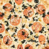 Greek Pizza · Olive oil, garlic, mozzarella, spinach, tomato, feta cheese, parmesan cheese and a sprinkle ...