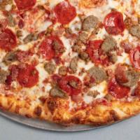 Meat Lovers · Sauce, mozzarella, sausage, meatballs, pepperoni and bacon.