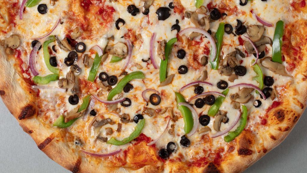 Veggie · Sauce, mozzarella, onions, green peppers, mushrooms and black olives.