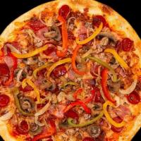 Supreme · Supreme Pizza Topped w/ Marinara, Beef Pepperoni, Turkey Sausage, Mushrooms, Onions, Bell Pe...