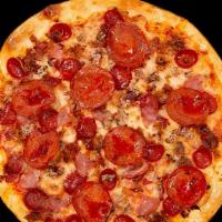 Meat Lovers · Meat Lovers Pizza Topped w/ Marinara Sauce, Beef Pepperoni, Turkey Sausage, Meatballs & Mozz...