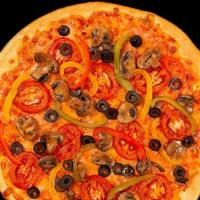 Veggie · Veggie Pizza Topped w/ Marinara Sauce, Mushrooms, Tomatoes, Olives & Mozzarella Cheese.