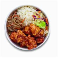 Rock Bop · Korean style spicy fried chicken served with rice, cabbage mix, and noodle.