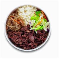 B Bop · Korean style BBQ beef. Served with rice, cabbage mix, and noodle.