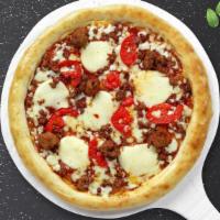 Carne Carnage Pizza · Our homemade pizza topped with San Marzano tomato sauce, a blend of italian cheeses, and a c...