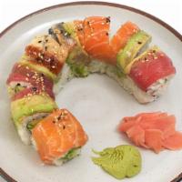 Rainbow Roll · California roll inside with tuna, salmon, fresh-water eel, &. avocado on top.