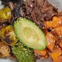 Good Earth Bowl, V Gf · miso glazed sweet potato, portobello mushroom, roasted broccoli, caramelized onion, brussels...