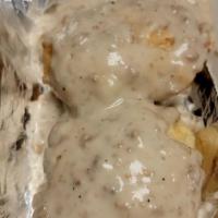 May Lou'S Biscuits N Gravy With Bacon  · Country Sausage Gravy served over Homemade SevenUp Biscuits with a side of Bacon