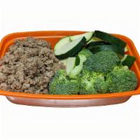 Ground Beef Meal / Double Veggies · Pick a Flavor of Ground Beef, Protein Amount, & 2 Cups of Veggies. Add Extras or Side Sauces.