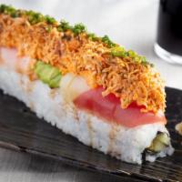 Big Sumo Roll · Tempura shrimp, cucumbers and sumo sauce topped with five types of sashimi, fresh shrimp, av...