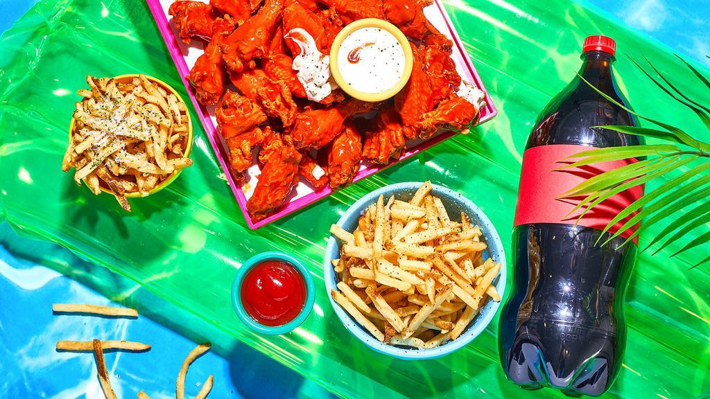 Party Vibes · 50 wings of your choice, 2 large fries, and 2 large onion rings