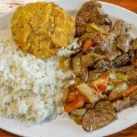 Higado Encebollado · Liver with sautéed tomatoes and onions. Served with arepa and rice.