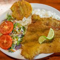 Chuleta De Cerdo · Breaded boneless pork chops. Served with green salad, rice and your choice of fried ripe or ...