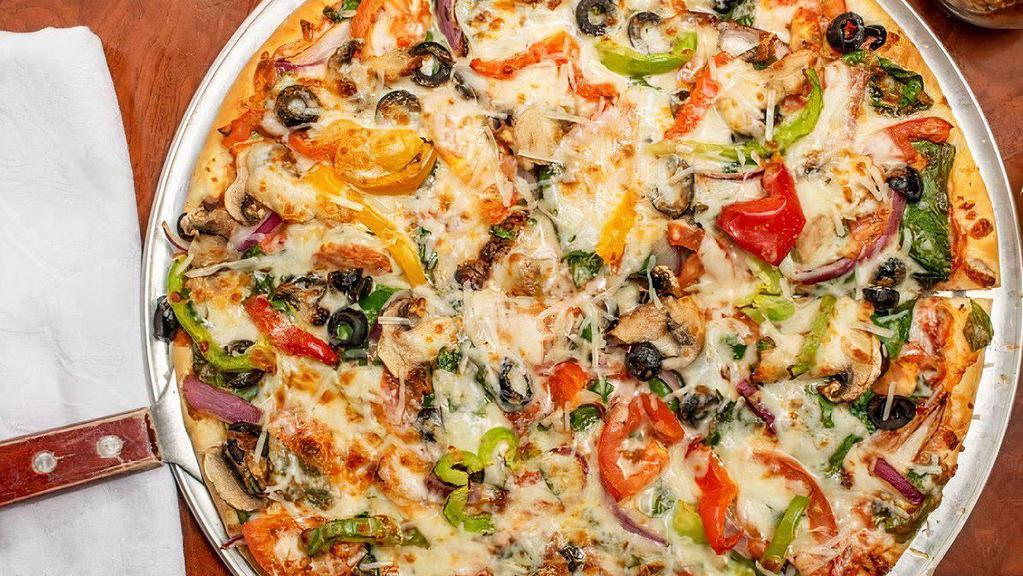 Mediterranean Pizza · Sun-dried tomatoes, kalamata olives, artichoke hearts and feta.