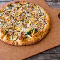 Garden Pizza · Spinach, zucchini, fresh mushrooms, onions, artichoke hearts and roma tomatoes. Made with cr...