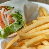 Chicken Gyro · Non-vegetarian. Lettuce, tomato, onion, and tzatziki sauce wrapped in pita bread. Served wit...