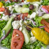 Greek Salad · Non-vegetarian. Lettuce, tomato, red onion, Kalamata olives, feta cheese, pepperoncini, and ...