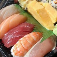 Sushi Set* (+ Miso Soup) · 5 pcs of nigiri (1 pc each tuna, salmon, yellowtail, albacore, cooked shrimp) and a choice o...