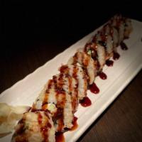 Unagi Crunch · broiled fresh water eel, avocado & cream cheese served tempura style with unagi sauce.
