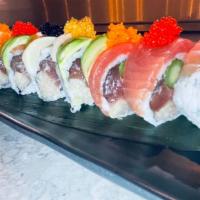 Deluxe Rainbow Roll · Tuna, yellowtail and asparagus topped with tuna, saimon, yellowtail, white fish, tobiko .