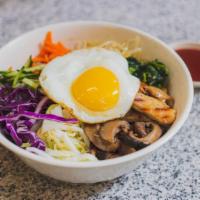 Chicken Bibimbap · Comes with Steamed Rice, Seasoned Spinach, Carrots, Cucumber, Soy Sprouts, Mushrooms, and Ca...