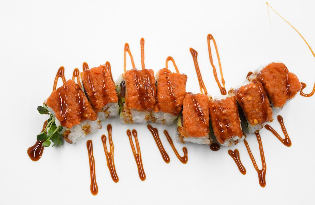 Tale Of Two Tunas · Contains gluten and contains raw item. Seaweed, tuna, cucumber, avocado and daikon sprouts topped with spicy tuna and unagi sauce.