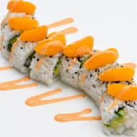 Sunny Cali · Contains gluten. Seaweed, krab mix, avocado and cucumber topped with mandarin oranges and sp...