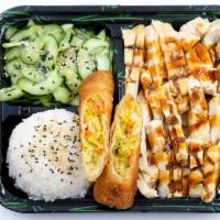 Teriyaki Combo · Contains gluten. Teriyaki chicken, steamed rice, eggroll and cucumber salad.