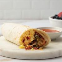 Spicy Bacon · Flour tortilla with applewood smoked bacon, scrambled eggs, melty cheese, salsa verde, pobla...