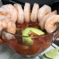 Shrimp Cocktail · Mexican style shrimp cocktail made with spicy vegetable and lime juice mixed with pico de ga...