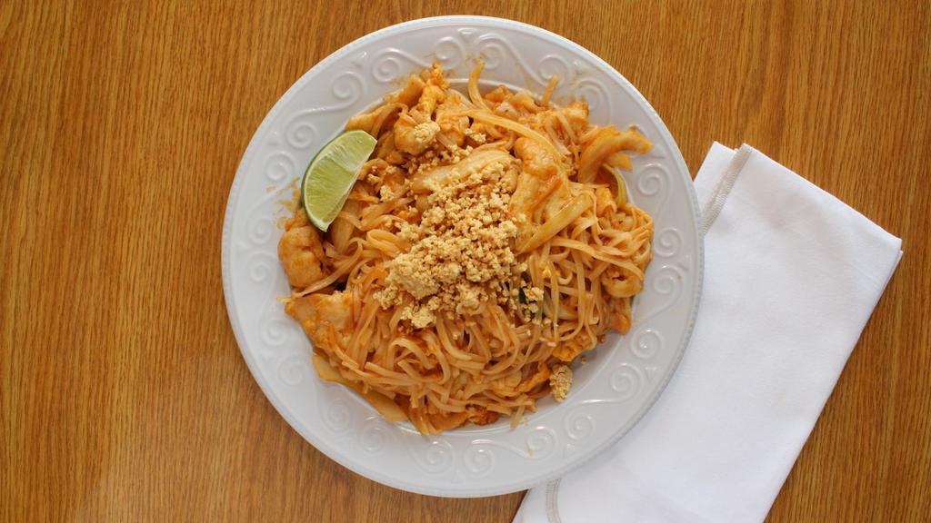 Chicken Pad Thai · The most popular noodle dish red onion eggs scallions and bean sprouts.