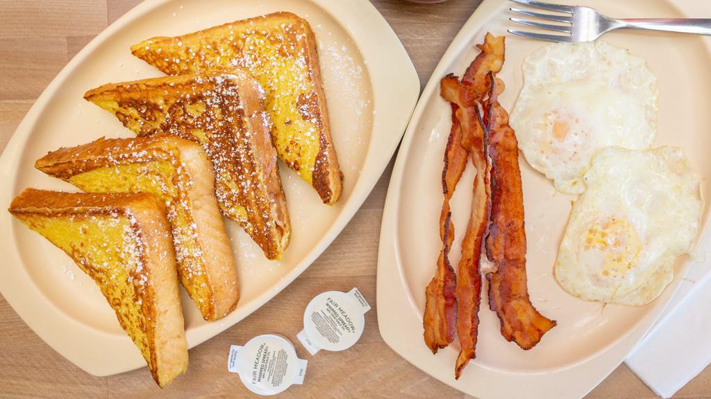 Griddle Combo · Your choice of either two pancakes, or two French toast slices, with two eggs and choice of bacon sausage or ham.