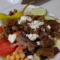 Classic Gyro Salad  · Classic gyro meat on-top of romaine lettuce. Includes feta, cucumber, tomato, onions, greek ...