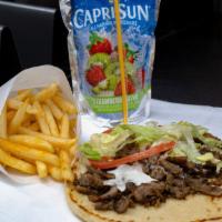 Kids Classic Gyro · Classic gyro meat, lettuce, tomato, onion and TZ sauce. (Includes, small fries and juice)