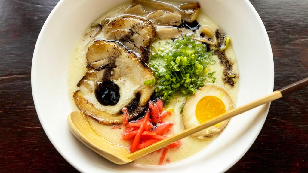 Ramen · Ramen Basic Toppings come with 
Two slices Chashu | Bamboo | Egg | Green Onion | Red Ginger. Add Toppings- Pork Chashu (2) | Egg | Corn, Nori for an additional charge.