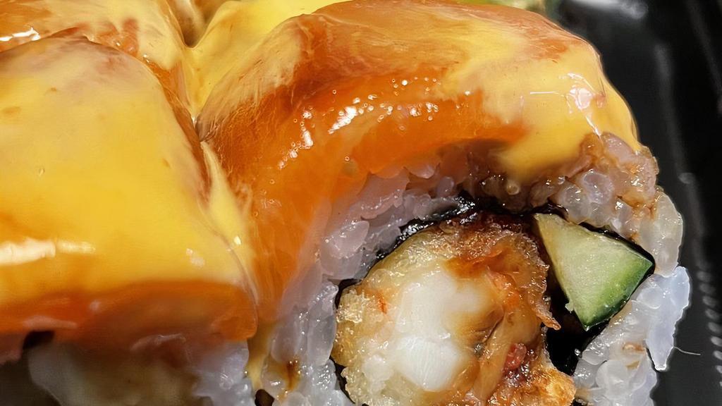 Orenji Roll (8Pcs) · Inside – Shrimp Tempura | Cucumber
Outside – Salmon |Avocado | Eel Sauce | Tobiko | Spicy Mayo.

These items served raw, consuming raw or undercooked ingredients may increase your risk of food borne illness if you have certain conditions.